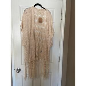 Kori oatmeal fringe knit crochet kimono cardigan jacket Size S/M NWT